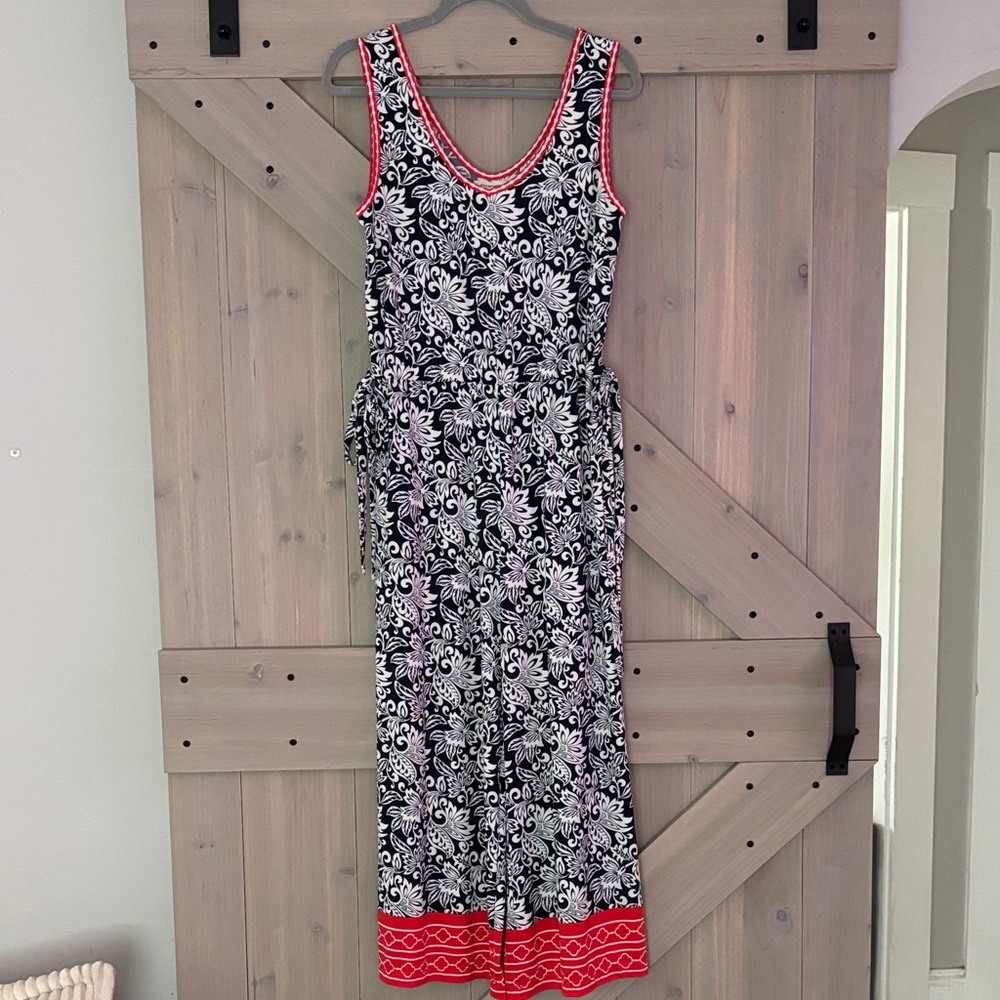 Max Studio Black and White Floral Maxi Dress with Red Trim